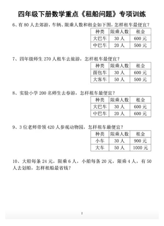 四下数学人教版《租船问题》专项训练 - u4站-u4站