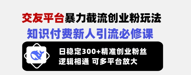 交友平台暴力截流创业粉玩法，知识付费新人引流必修课，日稳定300+精准创业粉丝，逻辑相通可多平台放大 - u4站-u4站