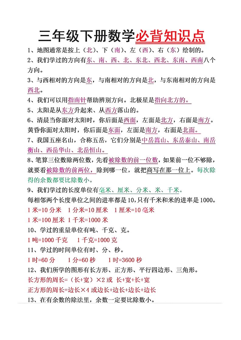 三年级下册数学必背重点知识 - u4站-u4站