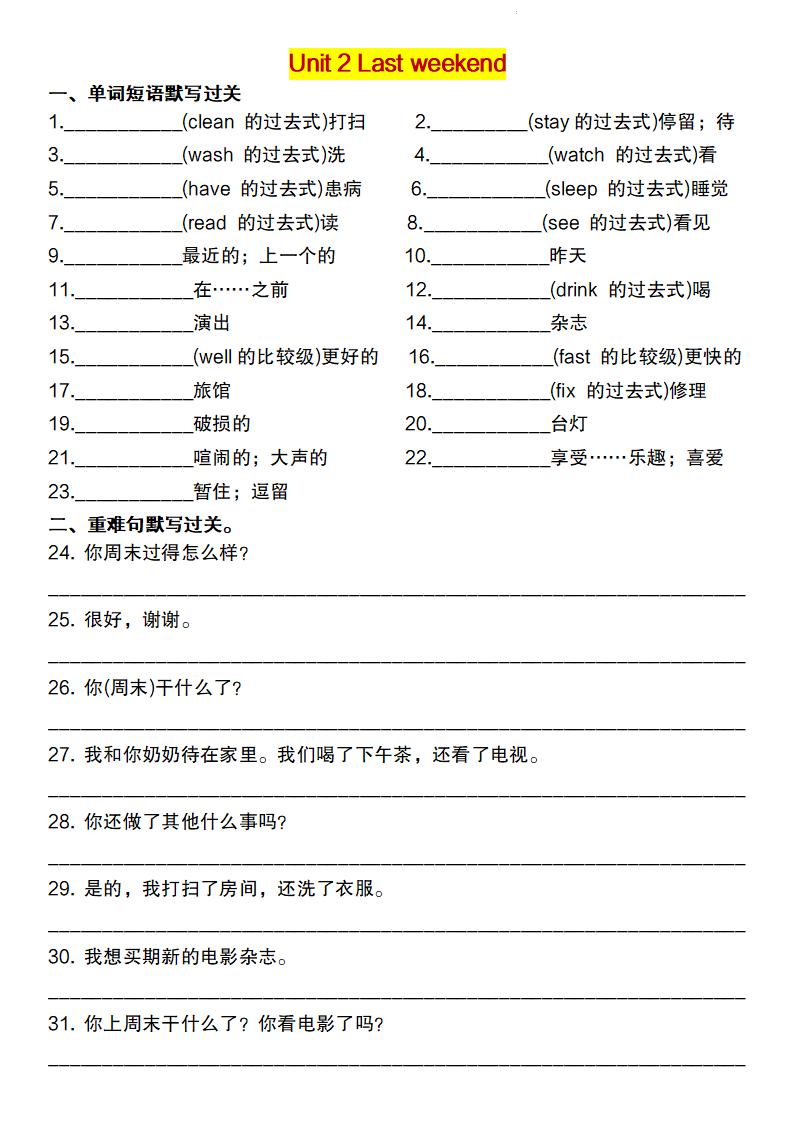 【英语】【人教pep版】2025春六下英语重点词句默写闯关单 - u4站-u4站